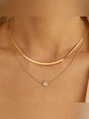 14k Gold Plated 2pc Herringbone CZ Necklace Set